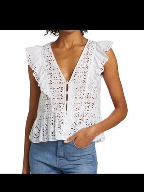 Veronica Beard White Eyelet Ruffle Sleeveless Peplum Top Pristine V-Neck Cotton